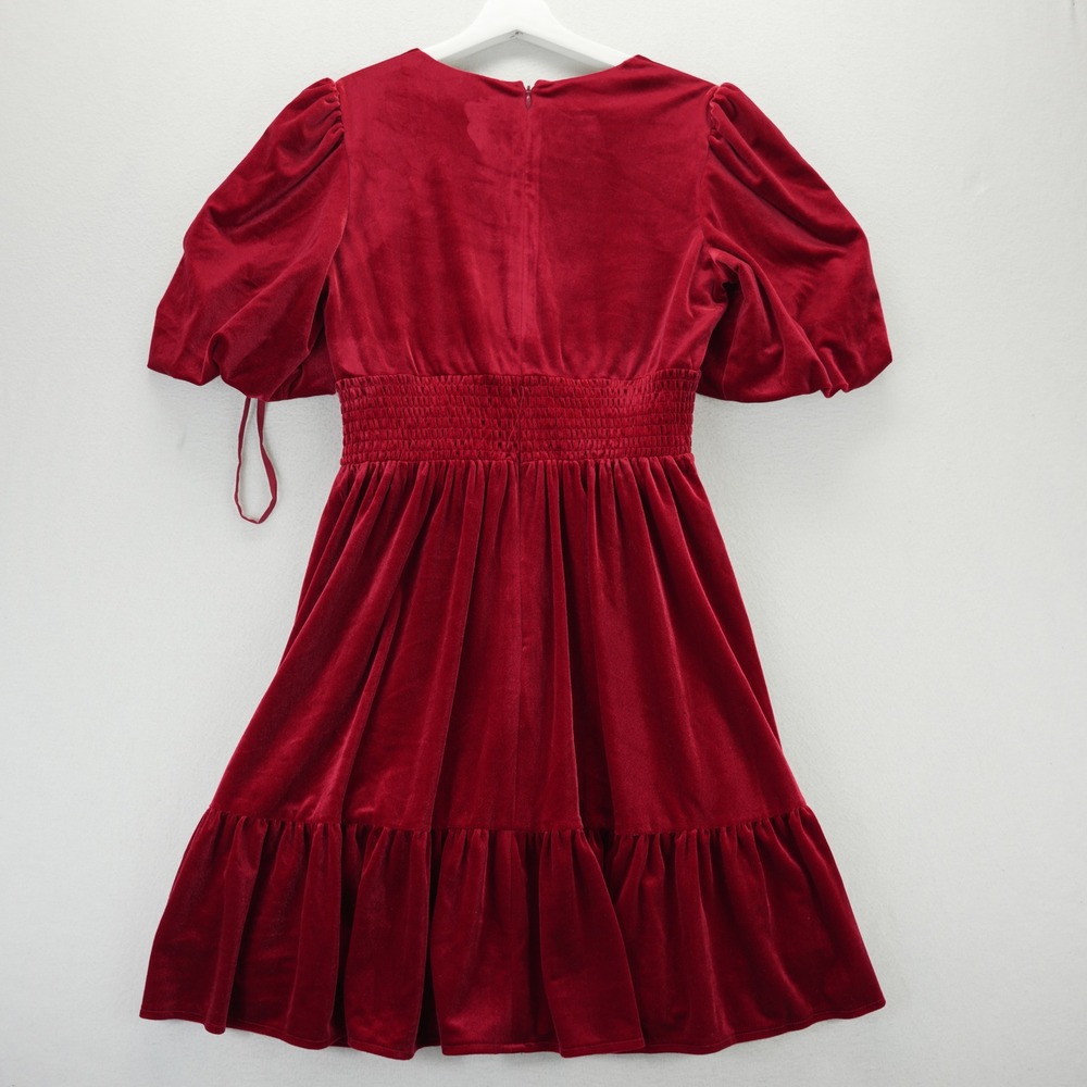 Antonio Melani‎ Red Velvet V-Neck Smocked Waist Ruffle Mini Dress Size 2 Holiday - Picture 15 of 15